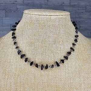 Black Glass Chip & Gunmetal Choker Necklace 14.5"L w/ 3" Ext.
